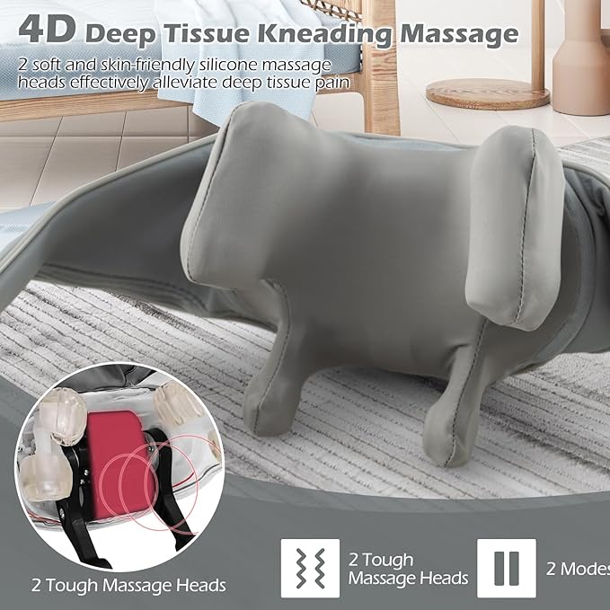 COSTWAY Neck Shoulder Massager with Heat 4D Deep Tissue Kneading Shiatsu Machine for Pain Relief Portable Cordless Neck Back Leg Massager Pillow Gift for Mom Dad Family Women Men (Grey)
