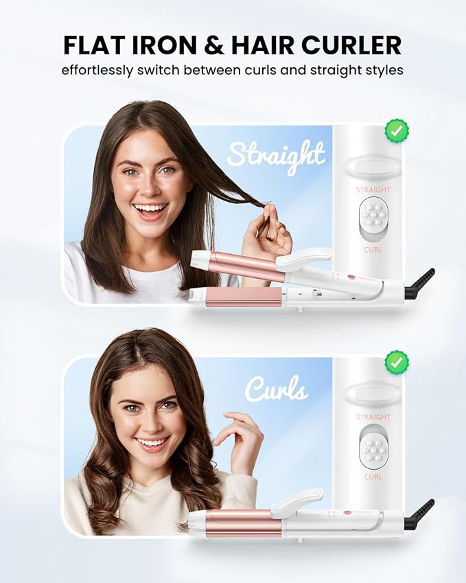 Dual Voltage Curling Iron Mini Travel Size Curling Iron for European 1 1/4 Inch Ceramic Plates Hair Straightener with Adjustable Temperature European Plug Included