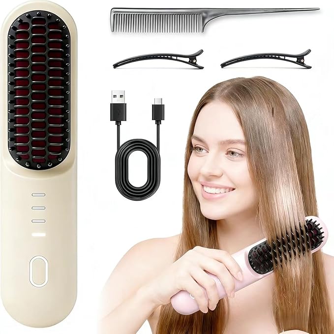 New Cordless Straightening Brush Fast Heating Ceramic Brush with 30s Fast Heat and 4 Temperature Settings Rechargeable Ionic &amp Ceramic Care (Beige)