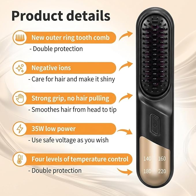 Go Brush Pro3-in-1 Cordless Negative Ion Hair StraightenerPortable Hair Straightener Comb 4 Temps Fast Heating Mch Ceramic CoatingAnti-Scalding Comb TeethSmoothes Frizz (Black)