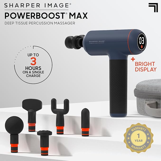Sharper Image Recovery &amp Wellness Massager Bundle - Powerboost Max with 6 Attachments &amp Powerboost Move with Hot + Cold Therapy| Deep Tissue Percussion Massage Gun| Muscle Relief Workout Recov