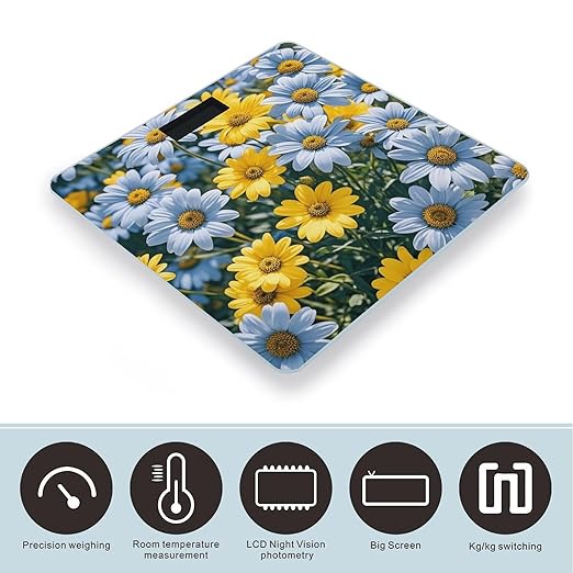 Blue and Yellow Flowers Smart Scale for Body Weight Accurate Bathroom Scale with LED Display Digital Weight Scales Weighing Machine High Precision Scales for Bath Home