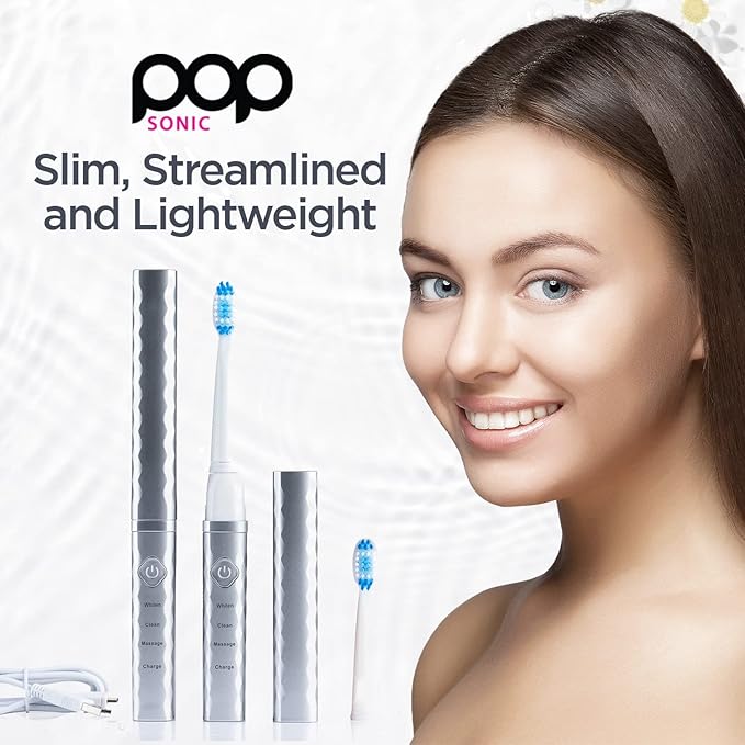 Pop Sonic USB Charge Anywhere Toothbrush(Silver) | Rechargeable Toothbrush w/Up to 40000 Brush Strokes/Minute-Long-Lasting Dupont Nylon Bristles -Teens &amp Adult with Quadrant Pacer &amp Timer