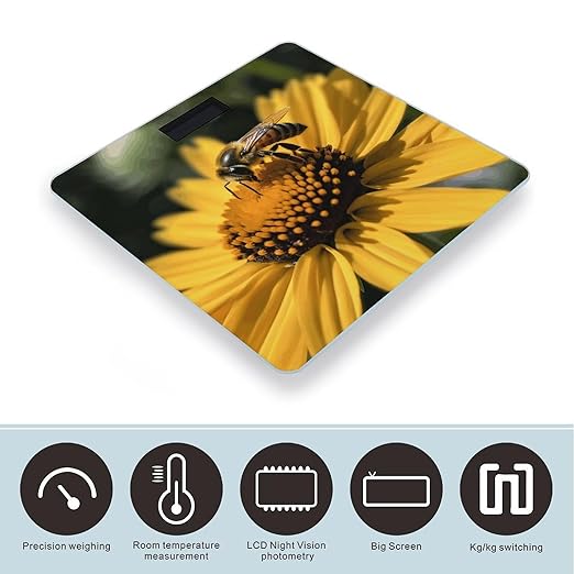 Yellow Flower with Black Bee Digital Bathroom Scale for Body Weight with High Precision Digital Weighing Scale with BMI Clear LCD Display and Step-On Measures Weight Up to 180kg