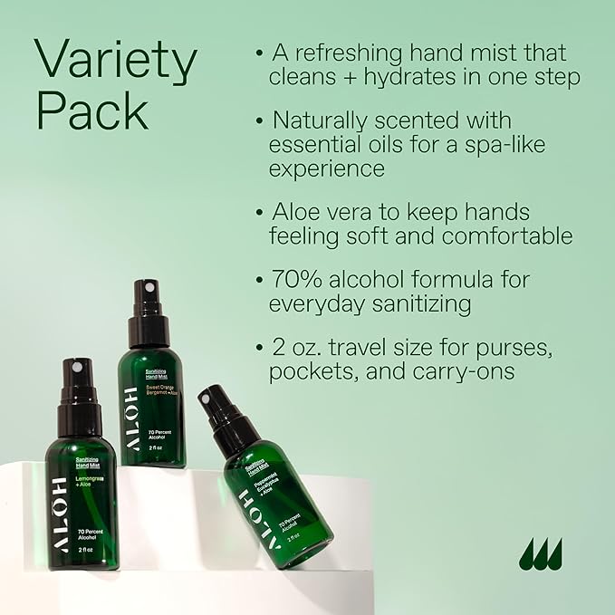 ALŌH Hand Sanitizer Spray Liquid 3-pack | Variety Pack | 70% Alcohol Hydrating Hand Sanitizer Spray with Essential Oil for Kids &amp Adults | 2oz Travel Size Bottle (Set of 3)