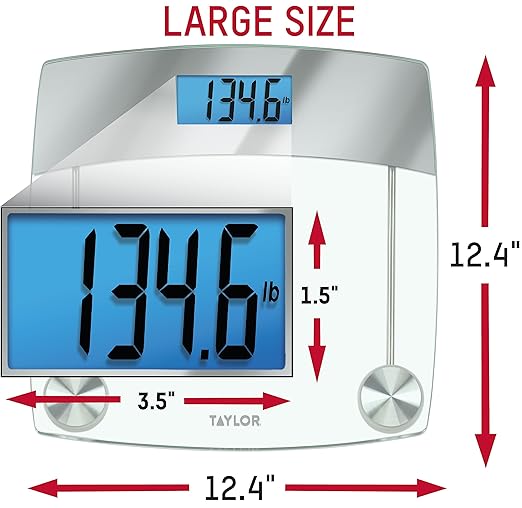 Taylor Digital Scales for Body Weight Extra High 440 LB Capacity Unique Blue LCD Stainless Steel Accents Glass Platform 12.4 x 12.4 Inches Clear