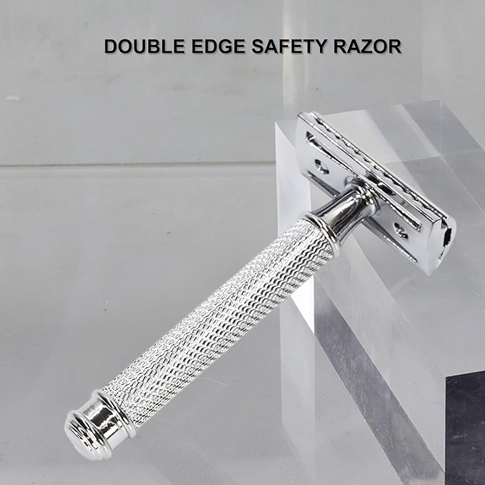 Double Edge Safety Razor Set With 20 Blades Stand Heavy Duty Kit for Men's Everyday Use and Smooth Close Shave (Silvery)