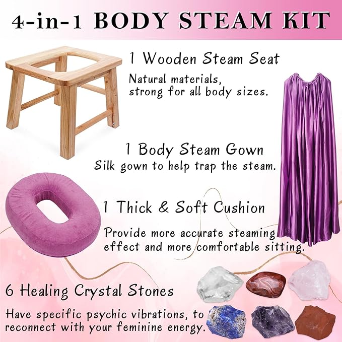 Garybank V Steam Kit with Healing Crystal Yoni Seat with Crystals &amp Stones for Women V Steam at Home Kit Vaginial Detox &amp Postpartum Care Vaginal Steaming Chair Gown &amp Cushion (No Ste