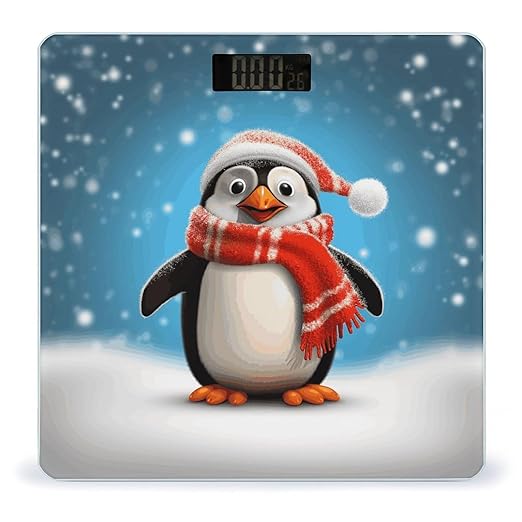 Christmas Funny Penguin Scale for Body Weight Safe Rounded Corners Tempered Glass Digital Bathroom Scale LED Display 400lb Capacity Weight Scales with High Precision Sensors