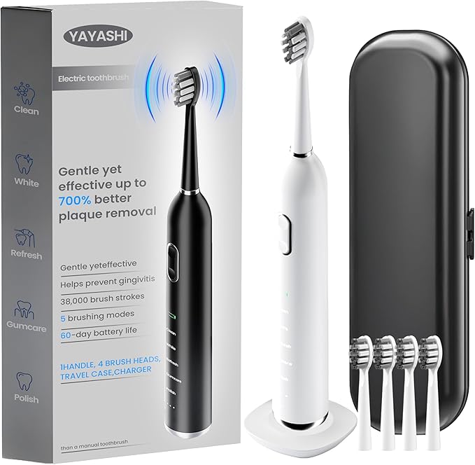 Electric Toothbrush with Pressure Sensor5 Cleaning Modes 2 Minute Timer and QuadPacer 38000 VPM Electric Motor &amp Wireless Charging 4 Brush Heads &amp Travel Case (White)