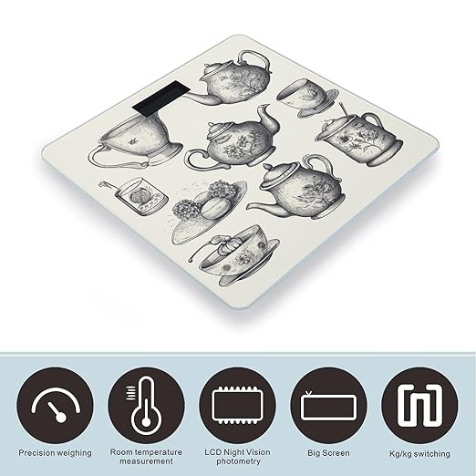 Hand Drawn Teapots and Cups Weight Scale Large Bathroom Scales Digital Weight with Bright LED Display Non Slip Automatic Weighing Scale Fashion Weighing Machine for Body