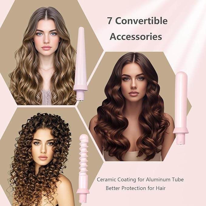 Curling Iron Set 7-in-1 Multi Curler Wand Set with 5 Interchangeable Barrels(0.6-1.25) Crimper Styling Tools Heated Round Brush Hair Straightener Ceramic Coating with Pink Gift Package