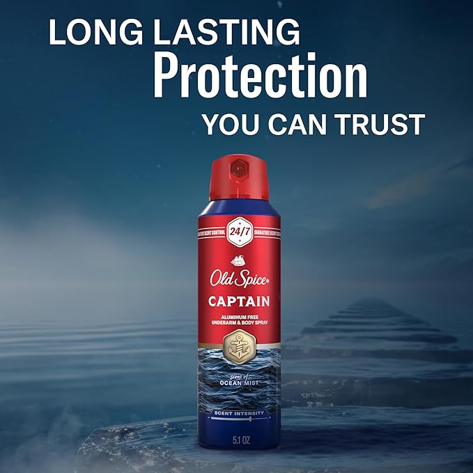 Old Spice Aluminum Free Body Spray for Men 24/7 Signature Scent &amp Lasting Freshness All-Day Odor Protection Easy Application Captain with Bergamot Sea Air &amp Driftwood Scent 5.1 oz (Pack