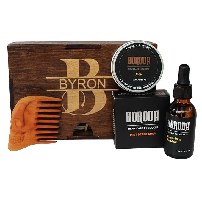 Personalized Beard Care Gift Set for Men Custom Grooming Kit with Beard Oil Balm Comb Perfect Gift for Him Beard Growth &amp Maintenance Beard Grooming Essentials Skull (Pear)