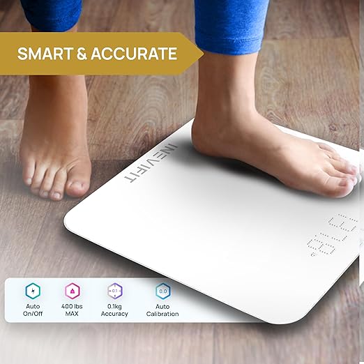 INEVIFIT Smart Bathroom Scale Highly Accurate Bluetooth Digital Bathroom Body Weight Scale Precisely Measures Weight &amp BMI for Unlimited Users (S-White)