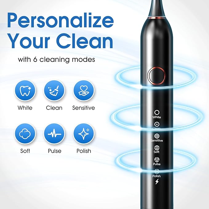 Electric Toothbrush Sonic Type for Adults &amp Teens 8 Brush Heads Travel Case 6 Modes 40000 VPM Electric Motor IPX7 Waterproof 2 Minutes Timer Wireless Charging One Charge for 100 Days-Blac