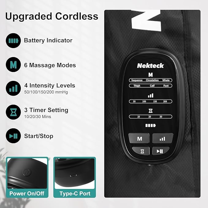 Nekteck Leg Compression Massager Recovery System Cordless Foot and Leg Massager for Circulation and Pain Relief Rechargeable Compression Boots with 6 Modes 4 Intensities Legs Relaxation