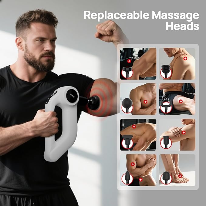 Massage Gun with Heat - Deep Tissue Percussion Massager for Pain Relief 12mm Amplitude 5 Speeds &amp 8 Attachments Ideal for Muscle Recovery Back Shoulder Leg - Gift for Athletes Men Women (Whi