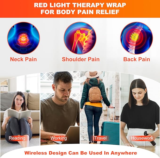 Cordless Red Light Therapy for Neck Shoulder Pain Relief 6000mAh Battery Portable Near Infrared Therapy Devices Wearable Wrap for Upper Back Neck Shoulders Body Muscle Relax Treatment Pad