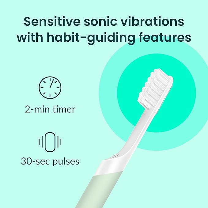 Quip Sonic Electric Toothbrush for Adults - Time Travel &amp Soft Bristles with Travel Case &amp Replacement Brush Head - 3 Month Battery Life Plastic Handle - Sage