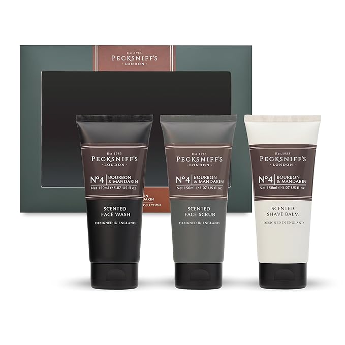 Pecksniff’s Men’s Trio Face Collection – Bourbon &amp Mandarin – Face Wash Face Scrub &amp Shave Balm Gift Set 3 x 75ml