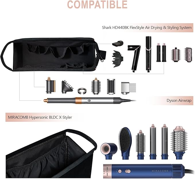 MIRACOMB Multi-Purpose Velvet Storage Bag - Spacious Hair Tool Organizer &amp Travel Case Compatible with Hypersonic BLDC X-Styler Dyson Airwrap &amp Shark FlexStyle - Dual Use Sleek Black Design
