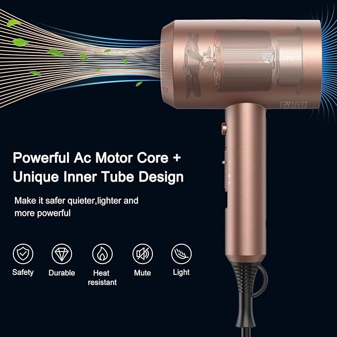 slopehill Professional Ionic Hair Dryer Powerful 1800W Fast Drying Low Noise Blow Dryer with 2 Concentrator Nozzle 1 Diffuser Attachments for Home Salon Travel (Mocha Mousse)