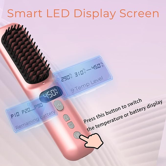 Cordless Hair Straightener Brush 10000mAh: Electric Hot Comb for Black Women Hair - Portable Negative Ion Straightening Brush for Travel
