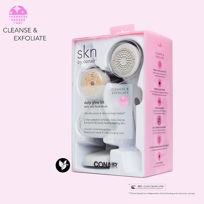 skn by conair Daily Glow Facial Cleansing Brush All-in-One Facial Brush Includes 3 Interchangeable Attachments for Complete Cleansing Exfoliation and Rejuvenation
