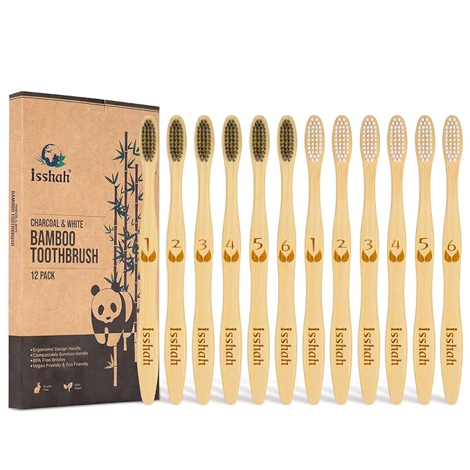 Bamboo Charcoal Toothbrushes 12 Count with Natural Dental Floss Picks 200 Count &amp Bamboo Cotton Swabs 500 Count