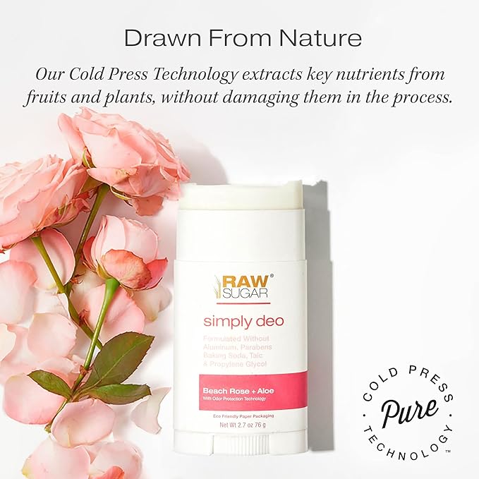 RAW SUGAR Aluminum Free Deodorant Stick Simply Deo Bundle (Pack of 3) Whole Body Deodorant for Women &amp Men Clean Formulated without Aluminum Baking Soda Talc &amp Parabens Beach Rose + Aloe