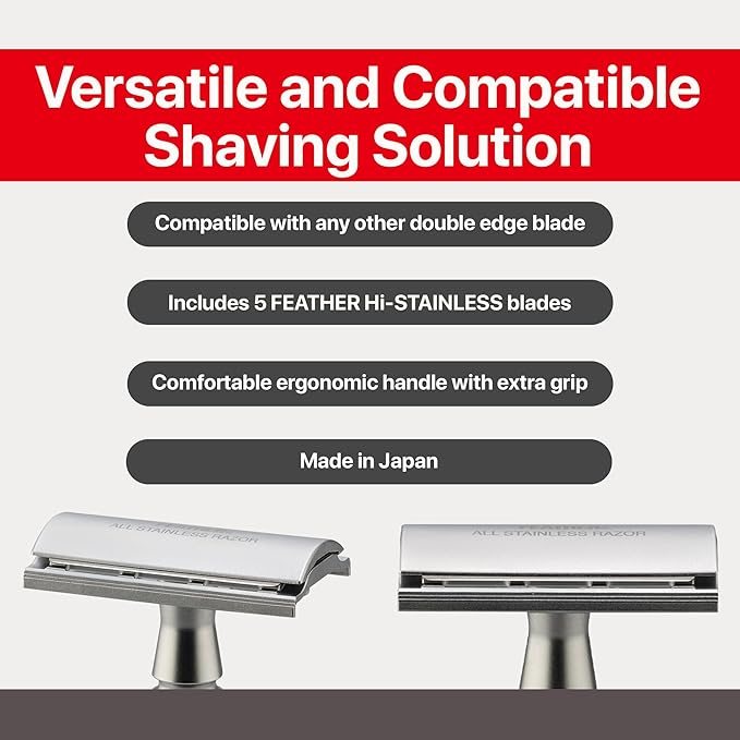 Feather - All Stainless Steel Double Edge Safety Razor AS-D2 - Luxurious Single Blade Razor for Men with Heavy Weight Handle - Built for Closer Shave - Includes 5 Hi-Stainless Blades - Made in Japan