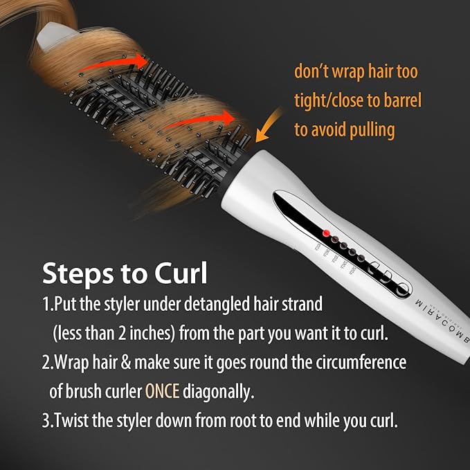 MIRACOMB Hair Curler Straightening Brush Ceramic Tourmaline Cool Touch PRO Multi Styler with 5 Heat Adjustments 1 Inch Barrel Auto Shut Off Pearl White (Package May Vary)