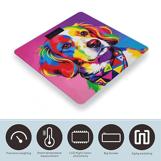 Colorful Dog Portrait Weight ScaleClear LED Display Bathroom Digital Weighing ScaleTempered Glass Digital Bathroom Scale for Body Weight Capacity Up to 400 Lbs