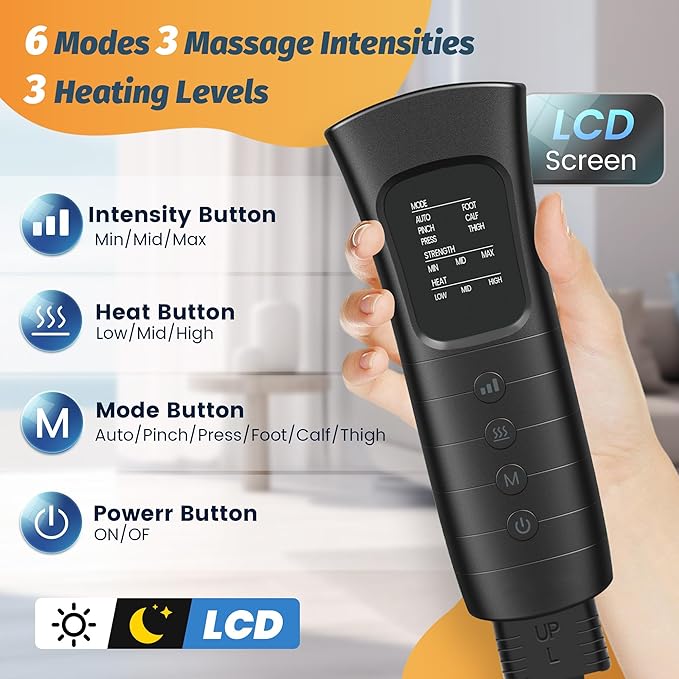 Leg Air Massager with Heat &amp Compression Calf Thigh Foot Massager for Circulation Relaxation Pain Relief - 6 Modes 3 Intensity Levels 3 Heat Levels