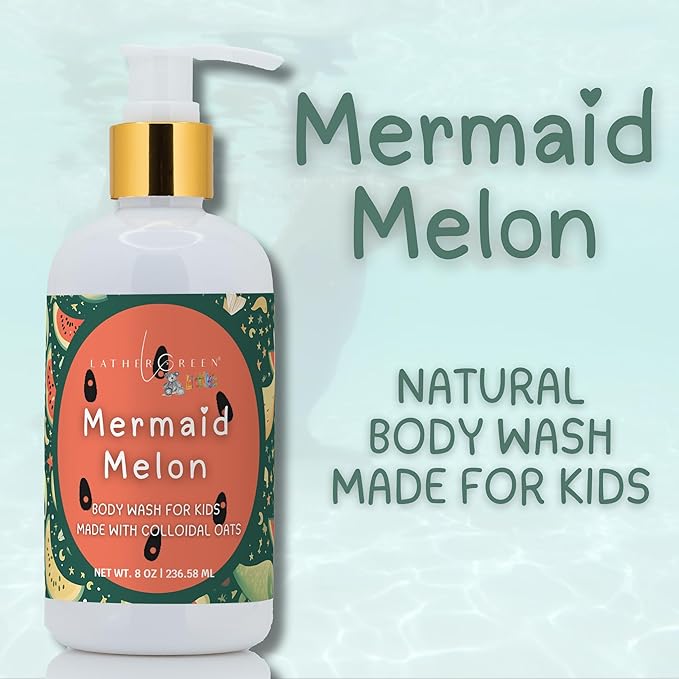 Kids Body Wash – Plant Based Gentle Moisturizer with Shea Butter – Safe for Sensitive Skin – Mermaid Melon – 3 Pack (8 oz Each)