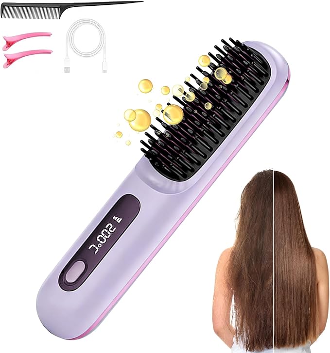 2026 New Brush Pro Brush Pro Portable Straightener Brushs for Travel with LCD Temperature Display Portable Hair Straightener Fast Heating Cordless Mini Hair Brushs (Purple)