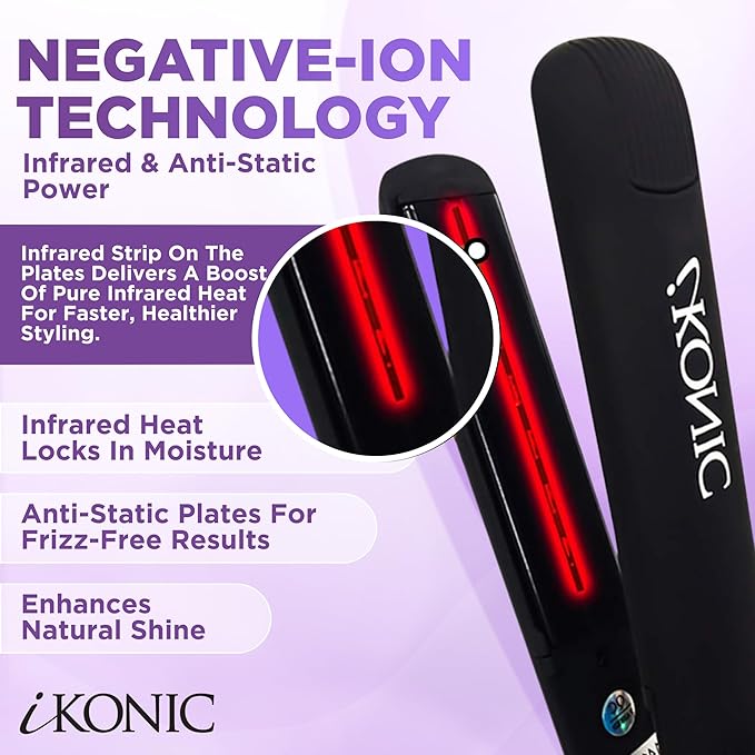 IKonic 100% Tourmaline Ceramic Hair Straightener &amp Curler– Anti-Static Infrared Ionic 2-in-1 Dual Voltage Flat Iron –1” Floating Plates Adjustable Temp 140–450°F Frizz-Free &amp Fast Heat Hair