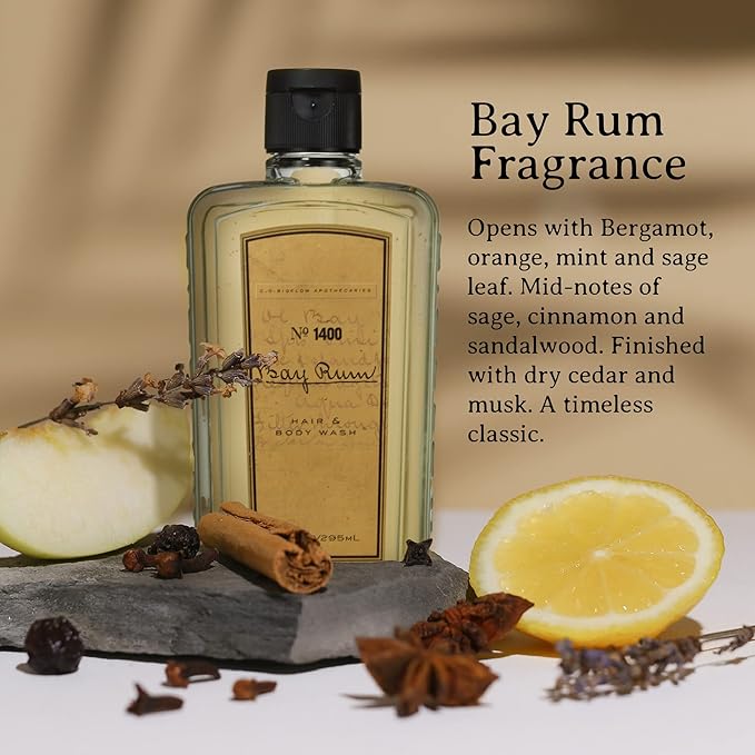 C.O. Bigelow Bay Rum Hair &amp Body Wash for Men Citrus Spice Scented Men's 2 in 1 Shampoo &amp Body Wash with Aloe Vera 10 Fl Oz