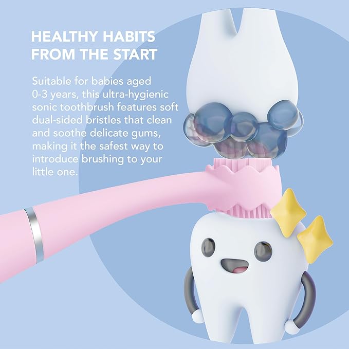 FOREO ISSA 4 Baby – Silicone Sonic Electric Toothbrush Bundle for Babies 2-Sided Bristles Fun Smile Feature Gum Massage 12 Months of Care with Extra Brush Head Travel-Friendly - Pearl Pink
