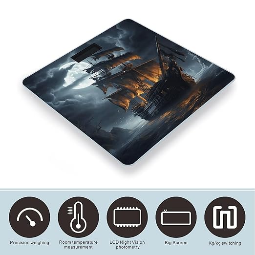 Pirate Sailboat Full MoonScale for Body Weight with LCD High Precision Weighing Scales Fashion Sturdy Tempered Glass Weight Scales Easy-to-Read Digital Bathroom Scale for Daily 400lb