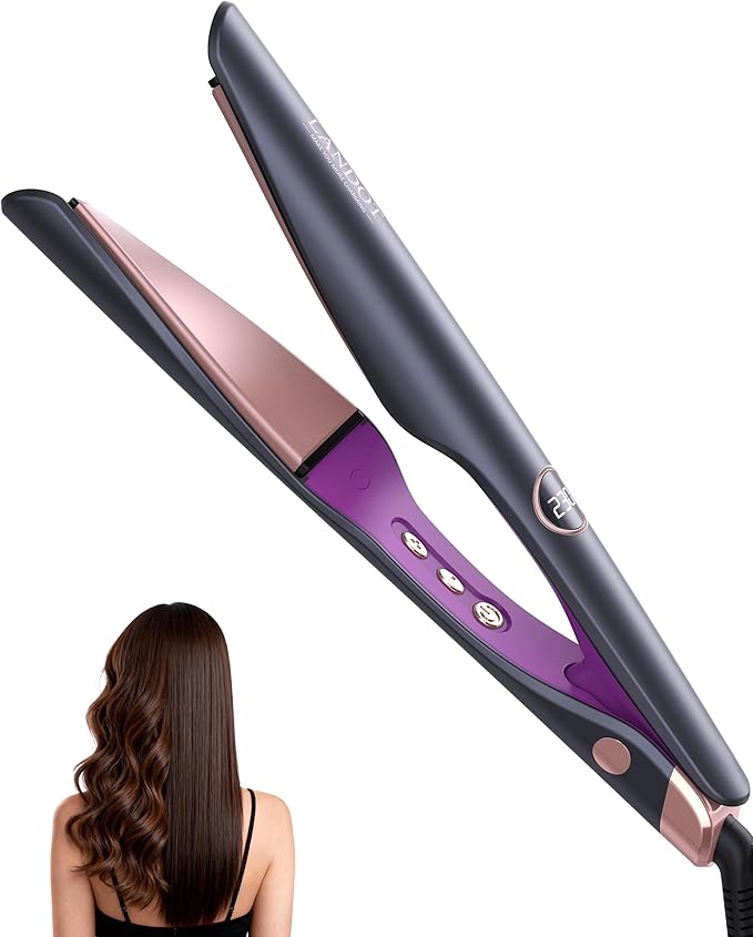 LANDOT 2-in-1 Hair Straightener Curling Iron - Twist Floating Plates for Curl &amp Straight Anti-Frizz &amp Tangle-Free Dual Voltage Adjustable Temp 250-450°F for All Hair Types