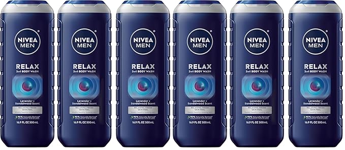 Nivea Men Relax 3-in-1 Body Wash Lavender and Sandalwood Scented Men's Body Wash Cleanses Face Body and Hair 16.9 Fl Oz Bottle Pack of 6