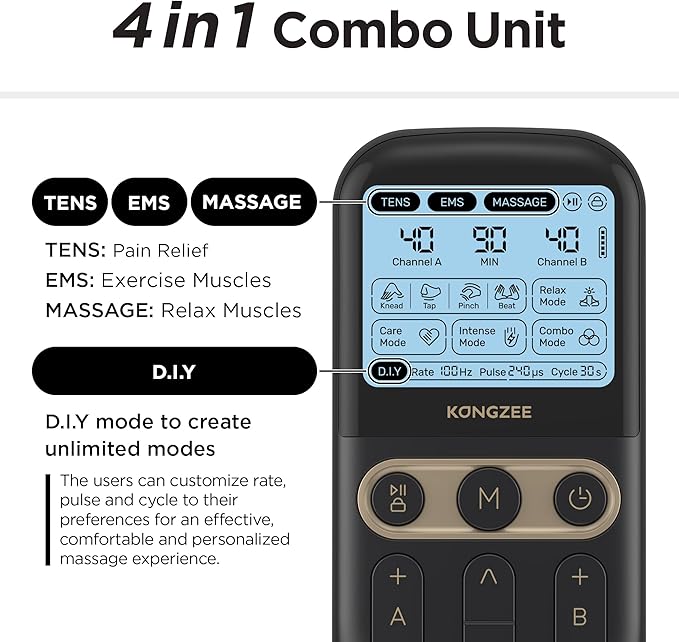 4 in 1 - D.I.Y &amp Tens Unit &amp EMS &amp Massage Muscle Stimulator Dual Channel TENS Units Therapy Machine for Pain Relief FDA Cleared Rechargeable Electronic Pulse Massagerwith 12pcs Electro