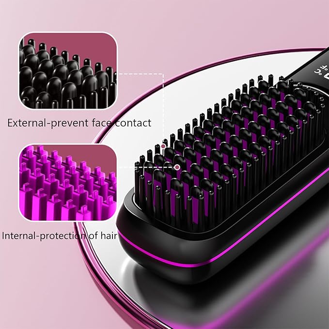 Go Brush Pro Hair Straightener – Cordless Comb with Negative Ion 6000mAh Fast Heating &amp Portable Travel Design Rechargeable Brush for Straightening and Curling (Black-1Pcs)