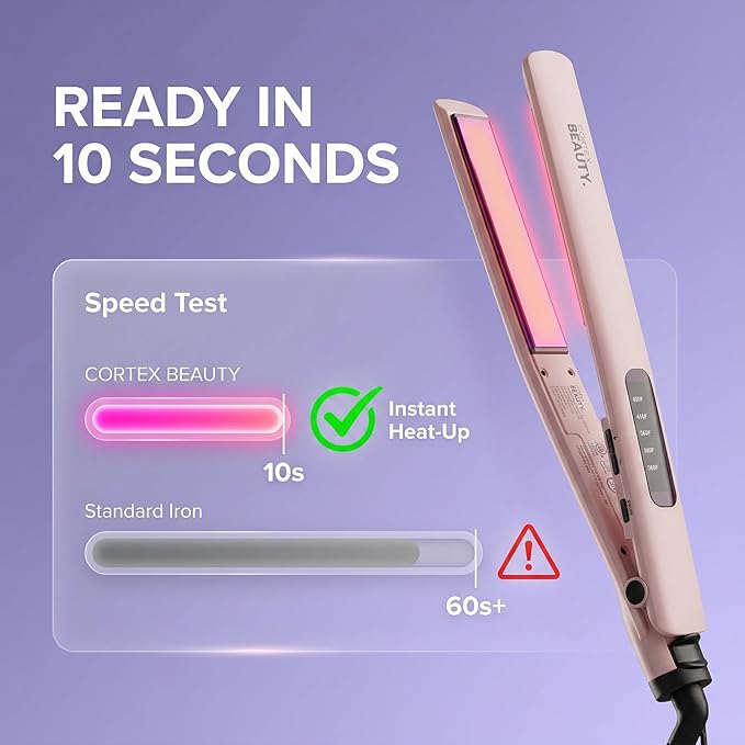 Cortex Beauty Flat Iron Hair Straightener 1 Inch | Professional Ceramic Coated Plates Flat Iron for Smooth Shiny Frizz-Free Hair Fast Heating One-Pass Styling Results Salon Quality Finish (Pink)
