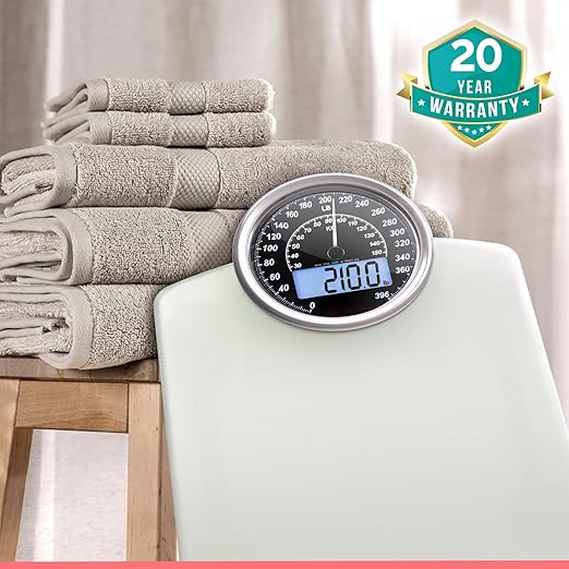 Adamson Hybrid 2-in-1 Analog &amp Digital Weighing Scale for Body Weight up to 400lbs + Thick Tempered Glass + Extra Large Display + Easy to Read Digital Bathroom Scale + New - White