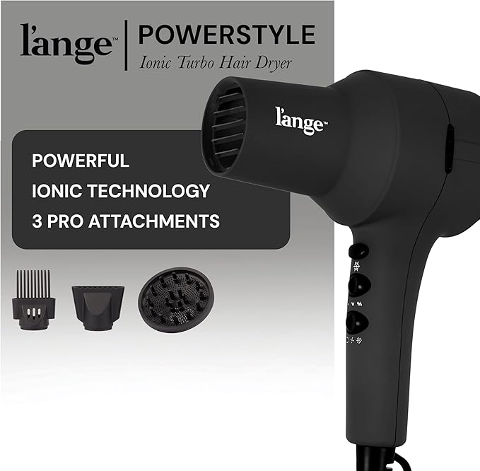 L'ANGE HAIR PowerStyle Turbo Ionic Hair Dryer | 1875 Watt Professional Blow Dryer with Diffuser &amp Concentrator | Multiple Heat &amp Speed Settings for Fast Drying | Salon-Grade Styling Tools Bla