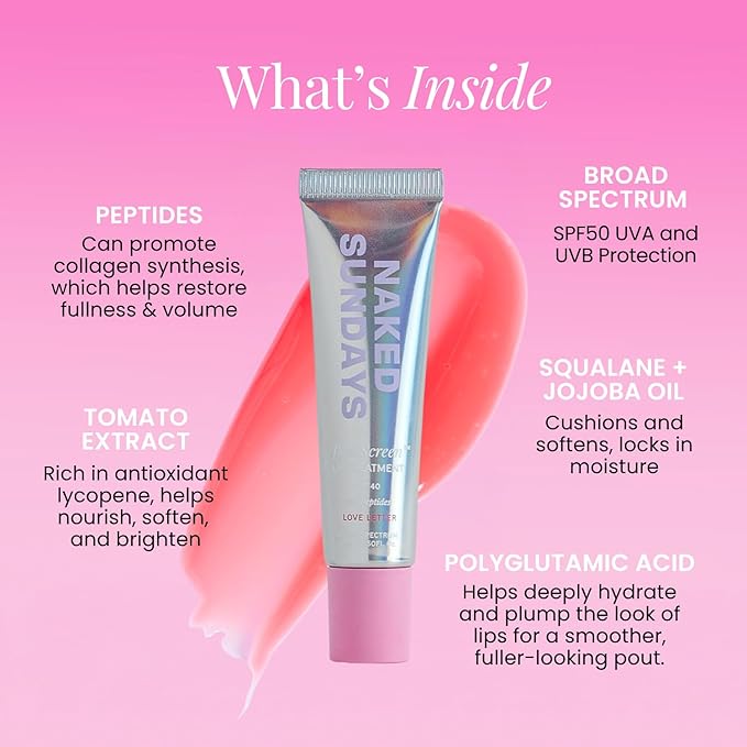 Naked Sundays Poutscreen SPF 50 Lip Treatment – Hydrating Lip Balm with Broad Spectrum Glossy Non-Sticky Finish Nourishing Lip Care with Peptides for Protected Lips - 15ml (Love Letter)