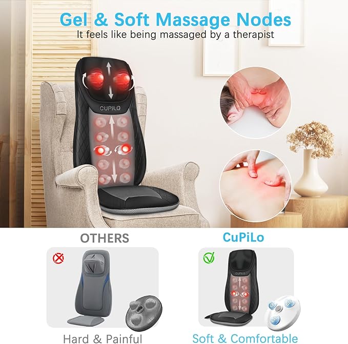 Shiatsu Neck &amp Back Massager with Heat Massage Chair Pad Cushion for Stress Relief Inflatable Flaps Back Support Kneading or Rolling Chair Seat Massage